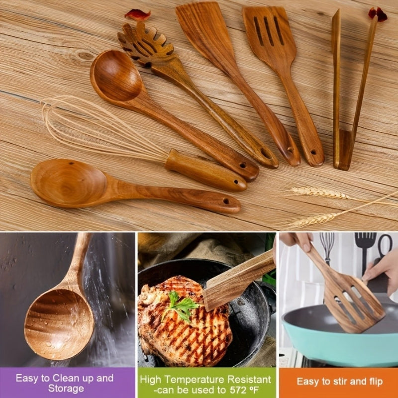 TerraChef – Luxurious Wooden Kitchen Utensil Set (7-Piece) for Stylish & Safe Cooking