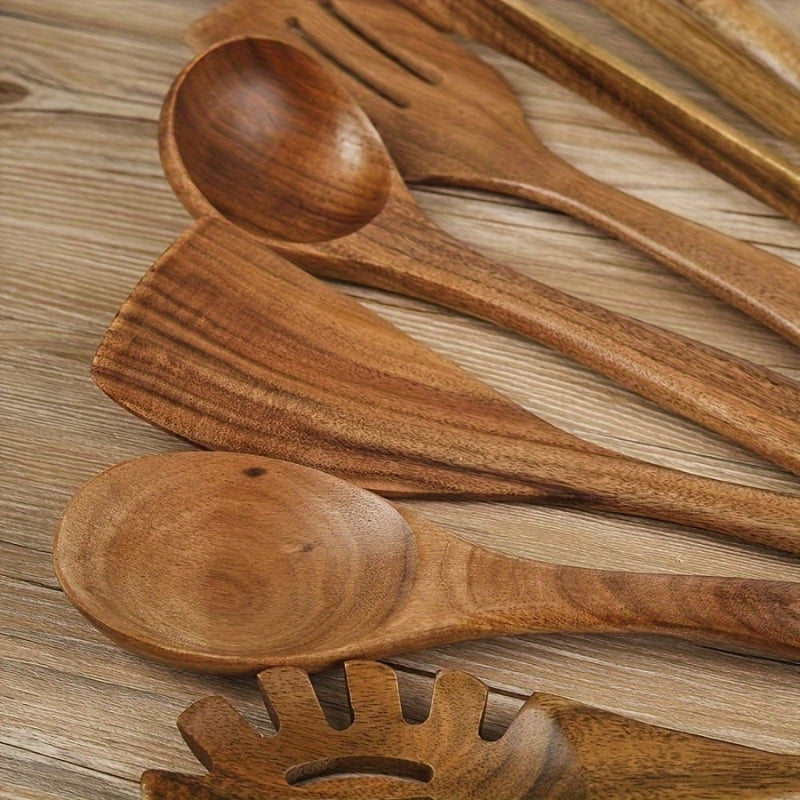TerraChef – Luxurious Wooden Kitchen Utensil Set (7-Piece) for Stylish & Safe Cooking