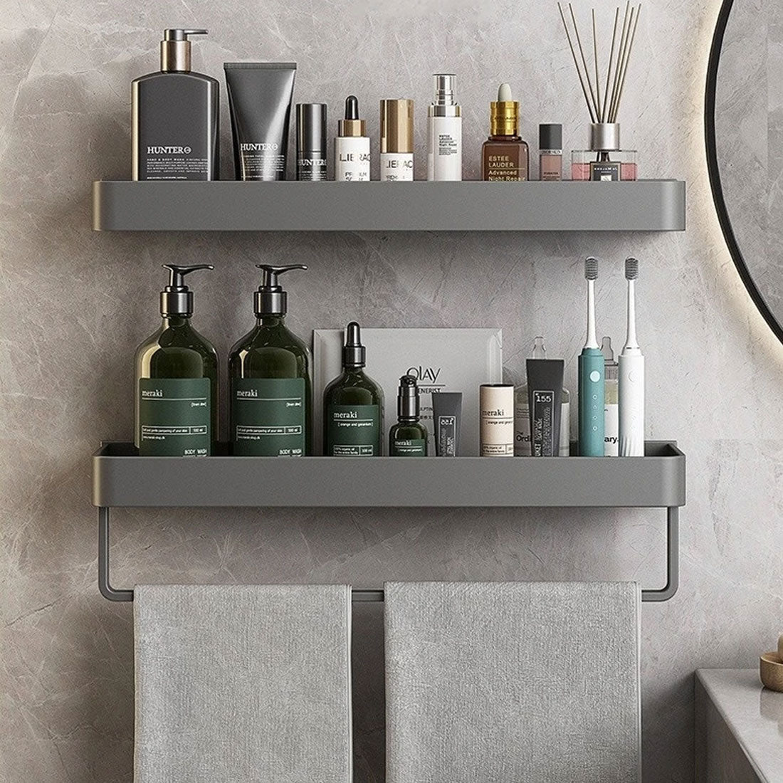 UrbanShelf – Modern Floating Bathroom Shelves with Adhesive Installation and Towel Holder