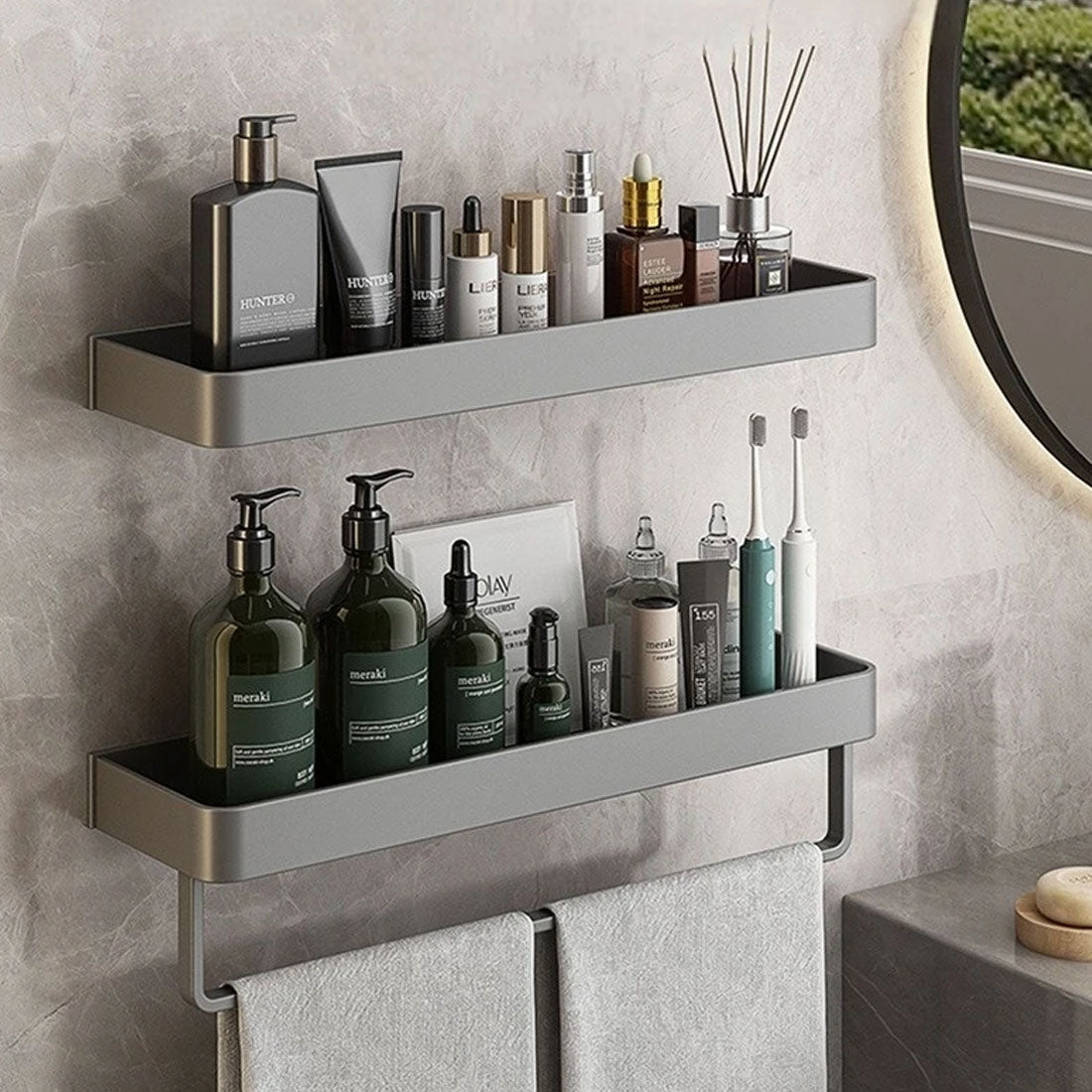 UrbanShelf – Modern Floating Bathroom Shelves with Adhesive Installation and Towel Holder