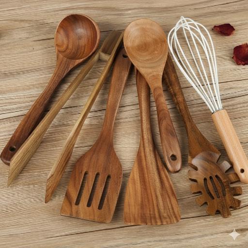 TerraChef – Luxurious Wooden Kitchen Utensil Set (7-Piece) for Stylish & Safe Cooking